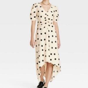 A New Day polka dot retro dress cream black high low ruched Sz M